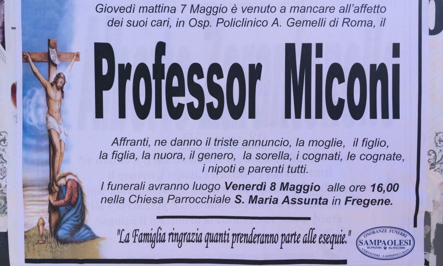 Addio Professor Miconi, alle 16.00 l'ultimo saluto